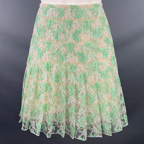 CHRISTOPHER KANE Size 6 Green Cream Silk Pleated Above Knee Skirt - Picture 1 of 6